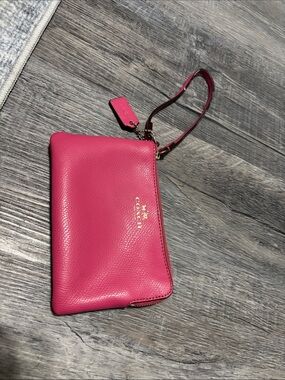 Coach Hot Pink Pebbled Leather Wristlet with Gold Logo